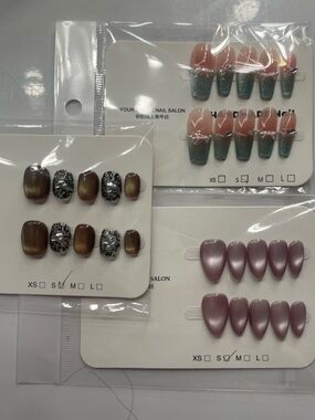 4 PACK Press-On Nail Sets Brown/Pink Cat Eyes, light green bow, & Black Sparkles